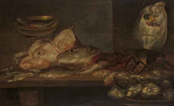 Still Life with Fish and a Lobster and Oysters on a Table nearby, 1660. Creator: Alexander Adriaenssen.