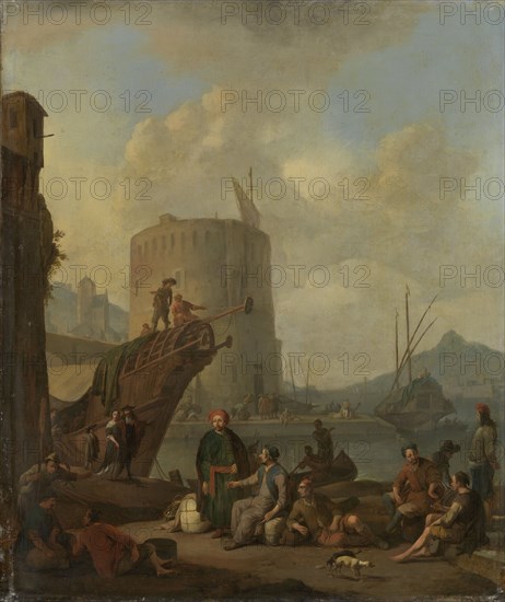 Italian Harbor with a Fortified Tower, 1664. Creator: Johannes Lingelbach.