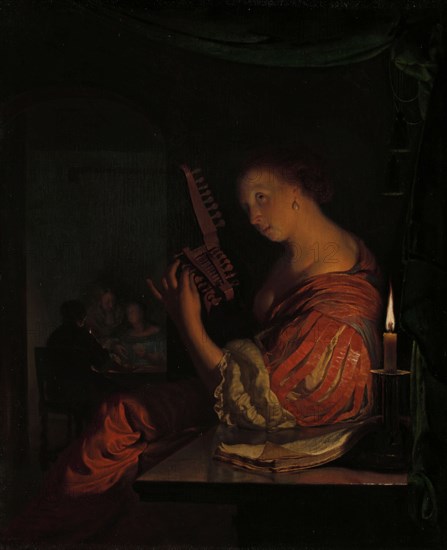 Woman tuning a theorbo, 1665. Creator: Frans van Mieris I.