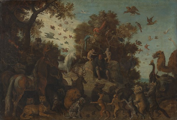 The poet crowned by two apes at the feast of the animals, 1623. Creator: Workshop of Roelant Savery.