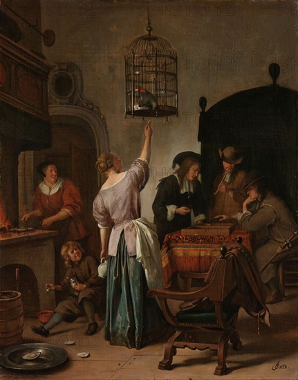 Interior with a Woman Feeding a Parrot, Known as ‘The Parrot Cage’, c.1660-c.1670. Creator: Jan Steen.