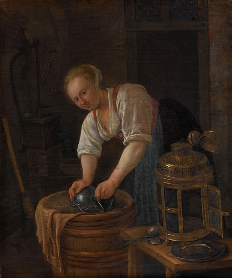 Woman scouring metalware, 1650-1660. Creator: Jan Steen.