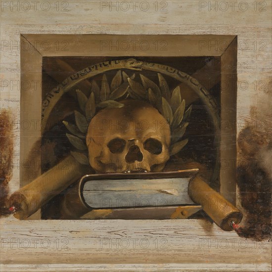 Vanitas Still Life with Scull with Laurel Wreath, Book and two Burning Candles, 1645-1650. Creator: Jacob van Campen.