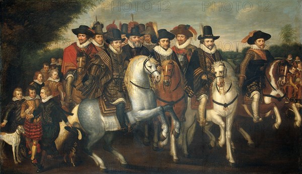 Prince Maurice Accompanied by his two Brothers, Frederick V, Elector Palatine, and Counts..., c.1625 Creator: Follower of Adriaen Pietersz van de Venne.