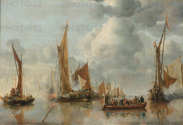 The Home Fleet Saluting the State Barge, 1650. Creator: Jan van de Cappelle.