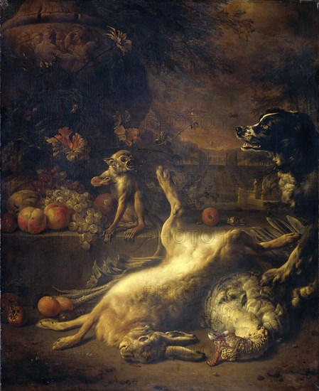 A Monkey and a Dog with Dead Game and Fruit, 1704. Creator: Jan Weenix.