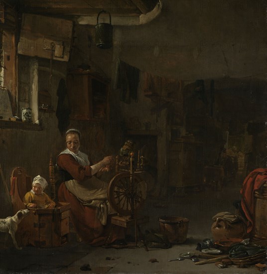 Peasant Woman Spinning, 1640-1677. Creator: Thomas Wijck.