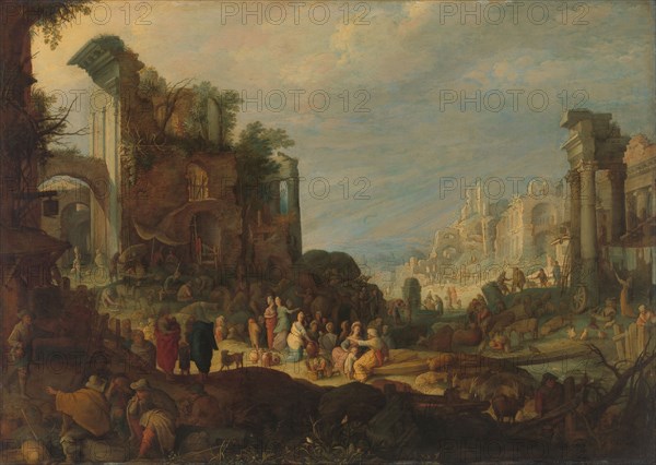 Travellers among Roman Ruins with Rebecca and Eliezer at the Well, c.1602-c.1605. Creator: Willem van Nieulandt.