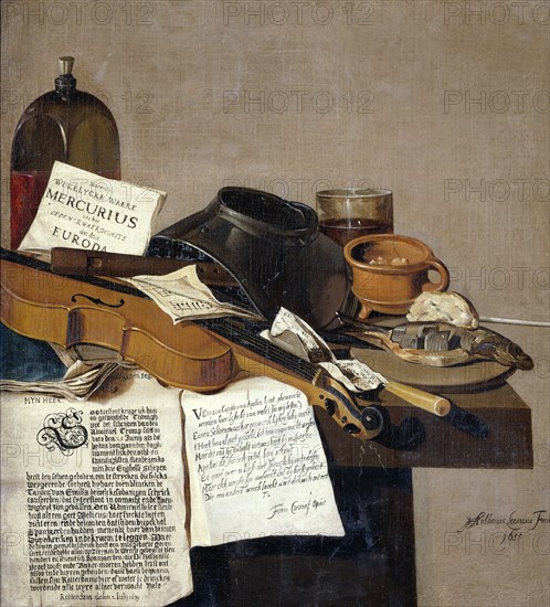 Still Life with a Copy of De Waere Mercurius, a Broadsheet with the News of Tromp's Victory..., 1655 Creator: Anthonie Leemans.