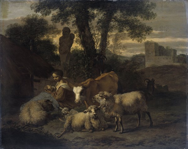 Italian Landscape with Shepherdess and Flocks, 1708. Creator: Simon van der Does.