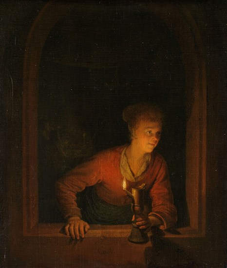 Girl with an Oil Lamp at a Window, 1645-1675. Creator: Gerrit Dou.