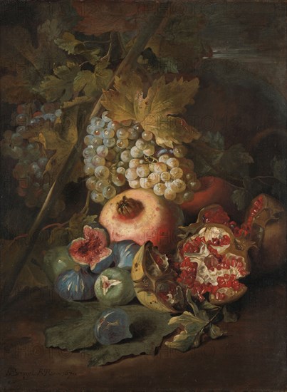 Bunches of Grapes, Pomegranates and Figs in a Landscape, 1670. Creator: Abraham Brueghel.