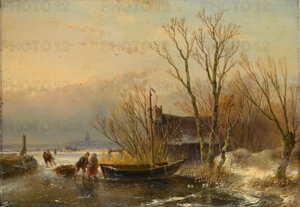 Winter Scene on the Ice with Wood Gatherers, 1849. Creator: Andreas Schelfhout.