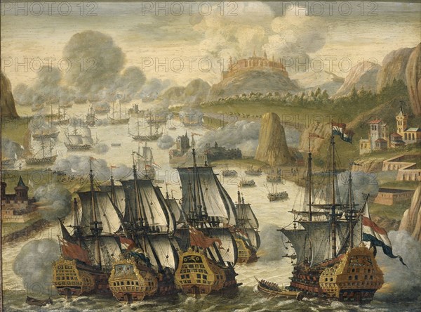Naval Battle of Vigo Bay, 23 October 1702. Episode from the War of the Spanish Succession, c.1705. Creator: Anon.