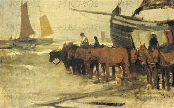 Draught horses pulling a fishing boat into the sea, 1870-1888. Creator: Anton Mauve.