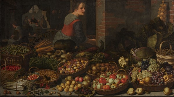 Still Life with Fruit and Vegetables, with Christ at Emmaus in the background, c.1630. Creators: Jesus Christ, Floris van Schooten.