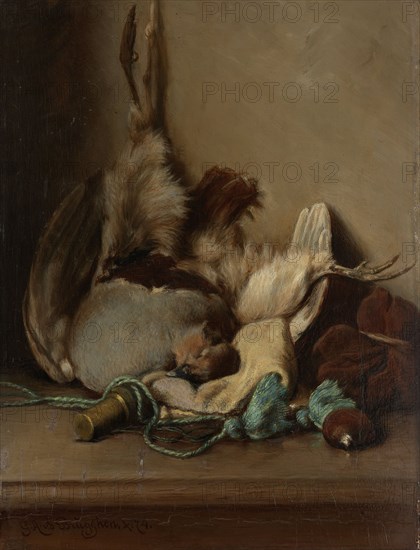 Still life with Wood Pigeon and Powder Horn, 1874. Creator: Guillaume Anne van der Brugghen.
