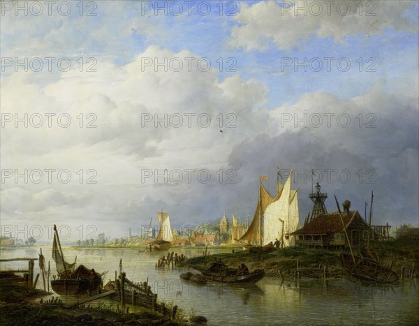 Boats on a River with a Beacon of Light, 1847. Creator: Hendrik Vettewinkel.