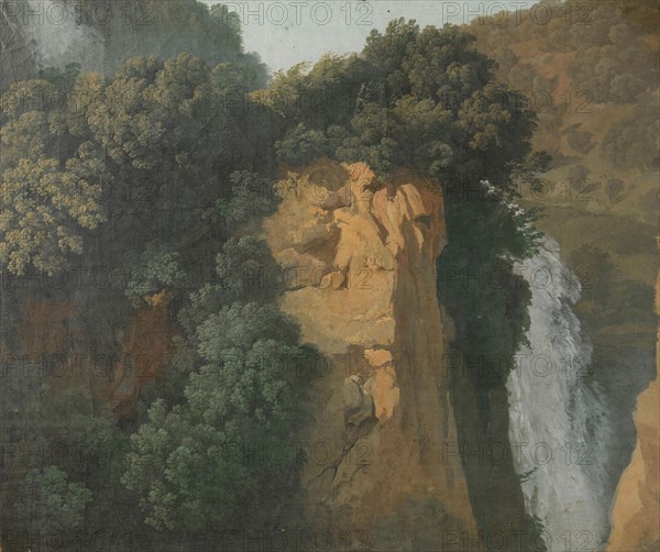 Overgrown Cliffs with a Waterfall in Italy, perhaps at Tivoli, 1790-1820. Creator: Hendrik Voogd.