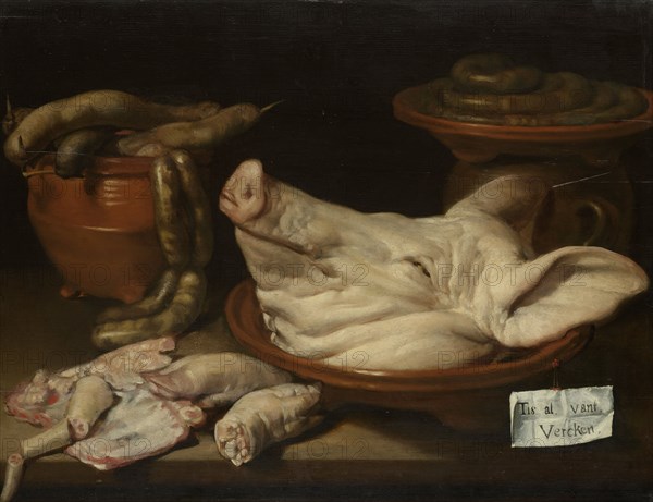 Still Life with Pig's Head, Pig's Knuckles and Sausage, 1600-1650. Creator: Monogrammist JVR.