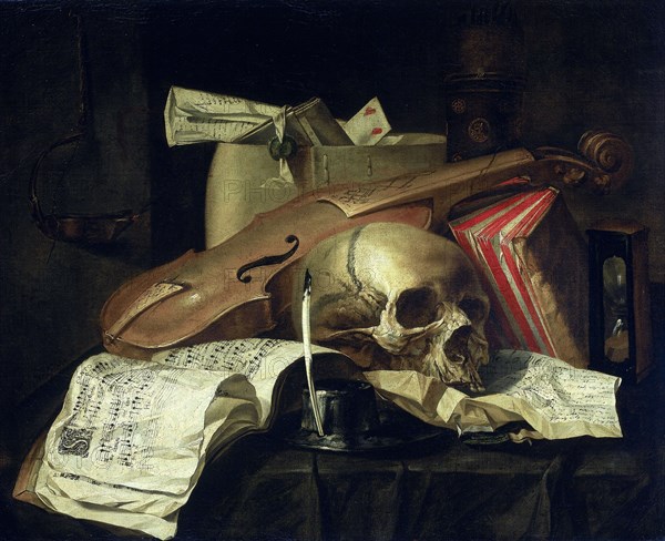 Vanitas still life, 1660. Creator: N.L. Peschier.