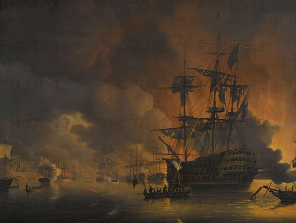 The fire on the Wharves of Algiers, shortly after the commencement of the Bombardment by the Anglo-D Creator: Nicolaus Baur.