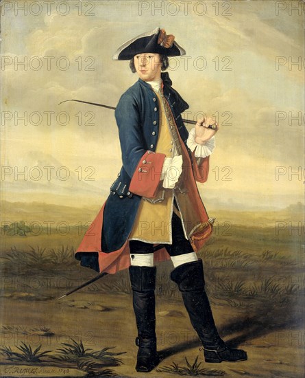 Portrait of Ludolf Backhuysen II, Painter, in the Uniform of the Dragoons, 1748. Creator: Tibout Regters.