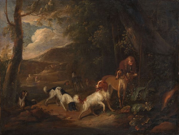 Hunter with Hounds at the Edge of a Wood, c.1696. Creator: Adriaen Cornelisz Beeldemaker.