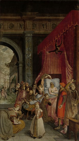 Deathbed of the Rich Man, with a Devil Descending to Retrieve the Deceased's Soul, c.1550-c.1574. Creator: Anon.