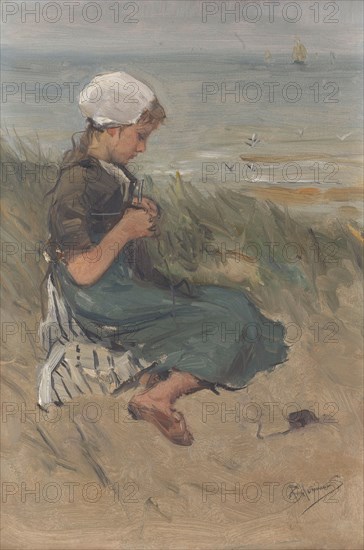 Girl Knitting in the Dunes, c.1870-c.1900. Creator: Bernardus Johannes Blommers.