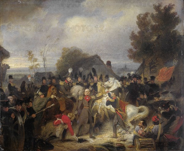 The Prince of Orange changing his Wounded Horse during the Engagement at Boutersem, 1837-1839. Creator: Cornelis Kruseman.