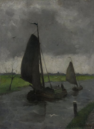 Watercourse with Sail Barges, 1885-1912. Creator: Johann Eduard Karsen.