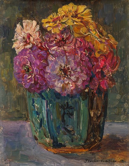 Still Life with Zinnias in a green Jar, 1910. Creator: Floris Hendrik Verster.