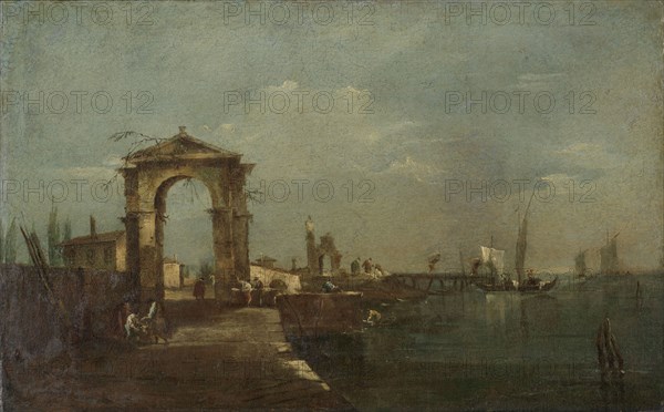 Landscape with a Quay and Ships on a Lake, 1760-1780. Creator: Francesco Guardi.