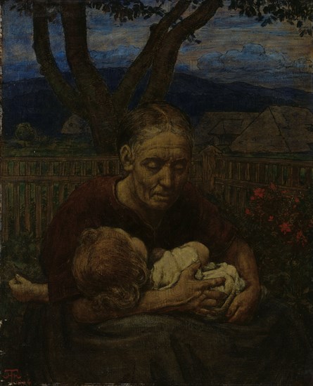 Mother and Child in a garden, 1850-1924. Creator: Hans Thoma.