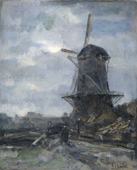Windmill by moonlight, c.1899.  Creator: Jacob Henricus Maris.