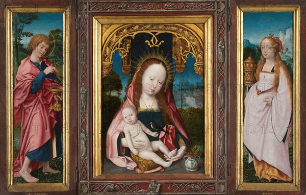 Triptych with Virgin and Child, Saint John the Evangelist (left wing) and Mary Magdalene (right wing Creator: Jan Provoost.