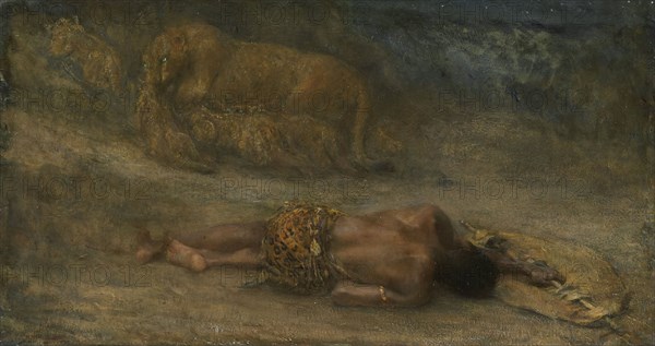 'Nemesis' - lioness with her cubs near the body of a black man, 1870-1905.  Creator: John MacAllan Swan.