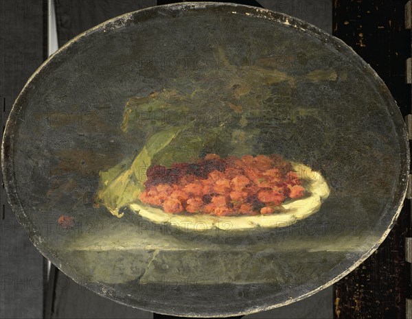 Still life with strawberries in a white bowl, 1880-1896.  Creator: Marguerite Roosenboom.