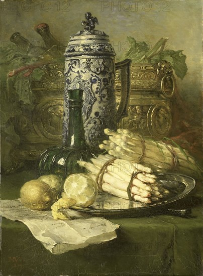 Still life with stoneware jug, 1878.  Creator: Maria Vos.