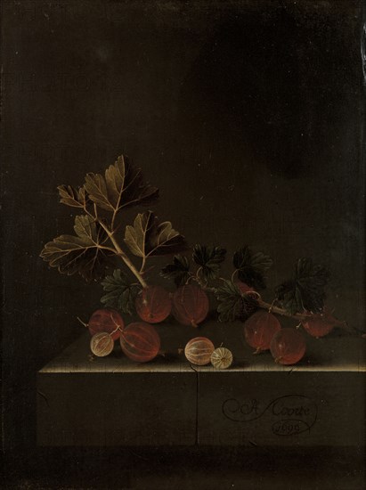 A Sprig of Gooseberries on a Stone Plinth, 1699. Creator: Adriaen Coorte.