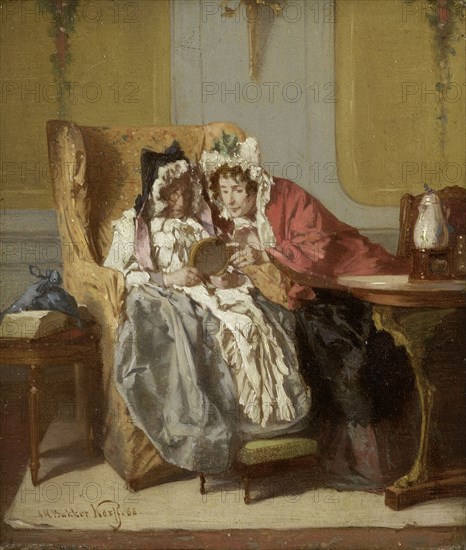 Two Ladies Examining a Little Painting, 1866. Creator: Alexander Hugo Bakker Korff.