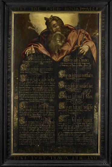 Moses showing the Tables of the Law with the Ten Commandments in Calligraphy, c.1600. Creator: Anon.