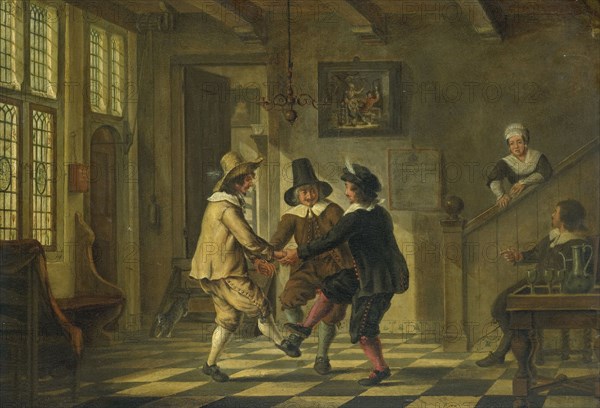 Three men in seventeenth-century costumes dancing in the entrance hall of a house, 1700-1885. Creator: Unknown.