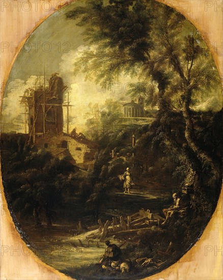 Landscape with Hermit, Pilgrim and Peasant Woman, 1690-1740. Creator: Antonio Francesco Peruzzini.