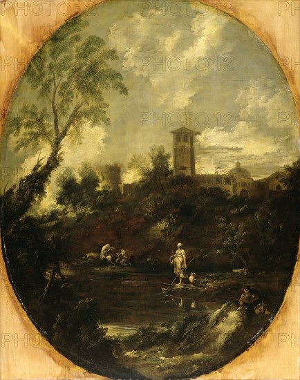 Landscape with Monks, Pilgrim and Peasant Woman, 1690-1740. Creator: Antonio Francesco Peruzzini.