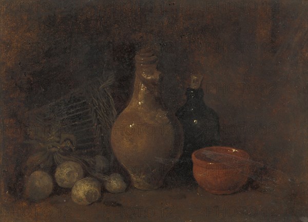 Still life with fruit, bottle and pottery, 1827-1887. Creator: Francois Bonvin.