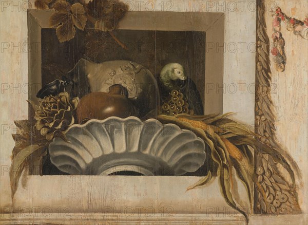 Still Life with a Bowl of Corn, Artichokes, Grapes and a Parrot, 1645-1650. Creator: Jacob van Campen.