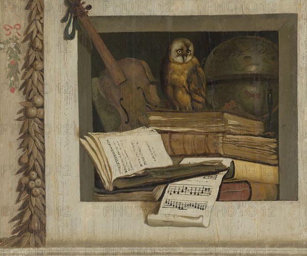 Still Life with Books, Sheet Music, Violin, Celestial Globe and an Owl, 1645-1650. Creator: Jacob van Campen.