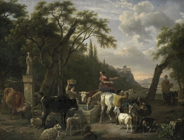 Italian Landscape with Shepherds and Animals at a Fountain, 1780-1810. Creator: Jean-Louis Demarne.